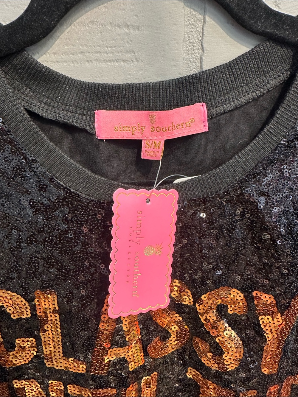 Simply Southern Black Sequin Sweatshirt with Metallic Orange Lettering